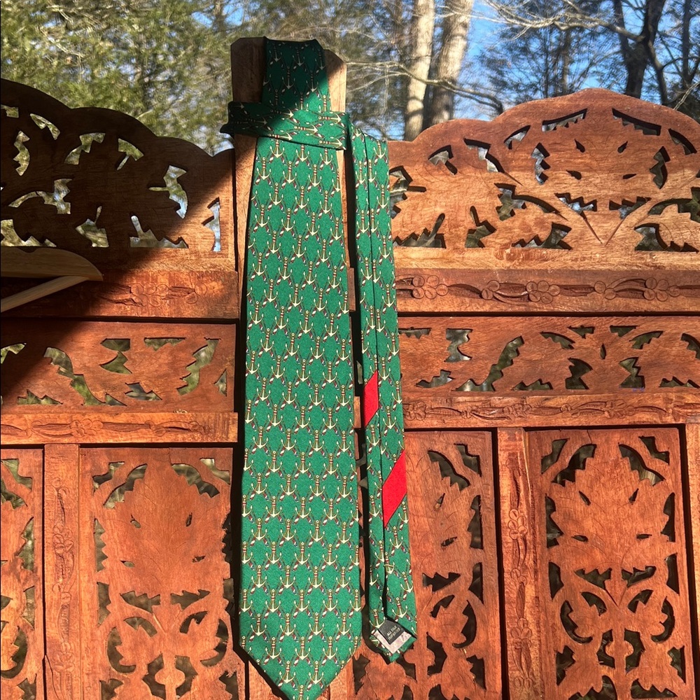 🌀 NWT Bally Green Nautical Theme Silk Tie with Red Stripe Details - Picture 5 of 7